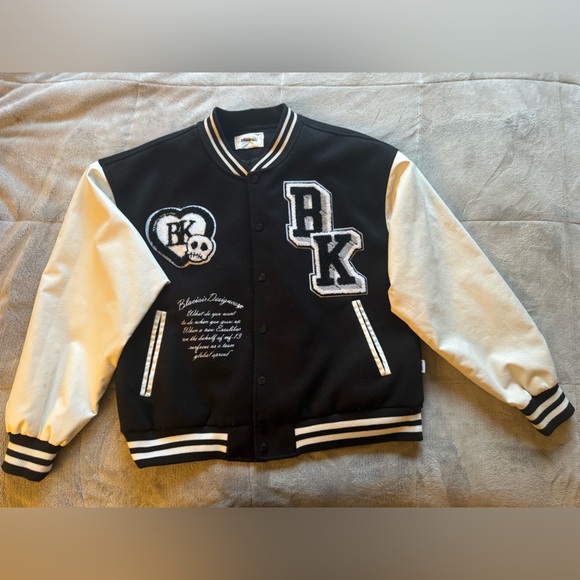 Black Cotton Bk Varsity Jacket With Patches - Picture 1 of 2